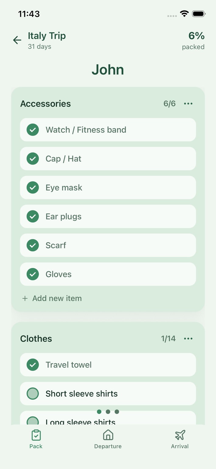 ZenPacker App Screen showing personalized traveler lists