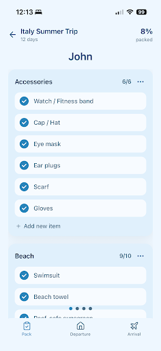 Traveler list for John showing completed packing steps